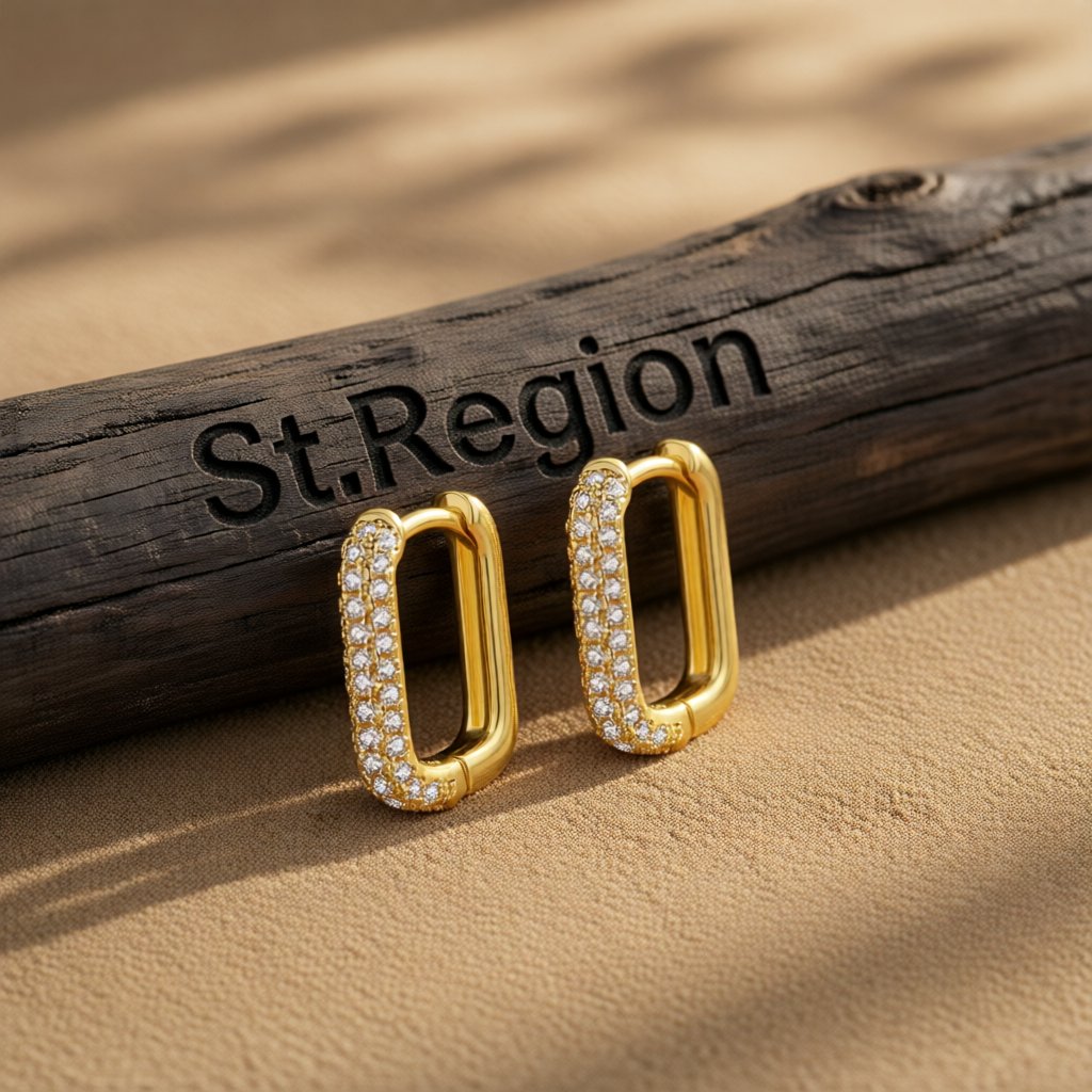 Cubic Zirconia and 18K Gold-Plated Square Huggie Earrings, gold huggie earrings, everyday style, front view