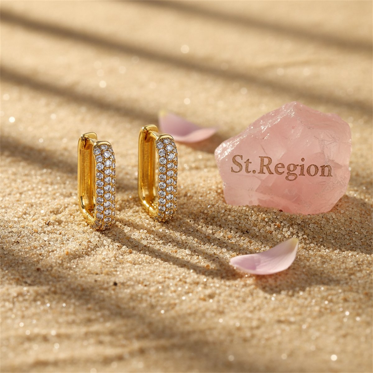 Cubic Zirconia and 18K Gold-Plated Square Huggie Earrings, gold huggie earrings, everyday style, detail close-up