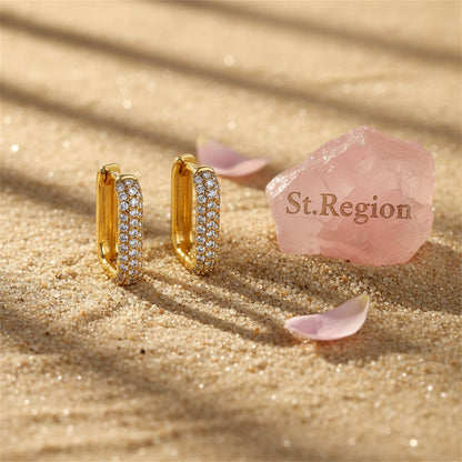 Cubic Zirconia and 18K Gold-Plated Square Huggie Earrings, gold huggie earrings, everyday style, detail close-up