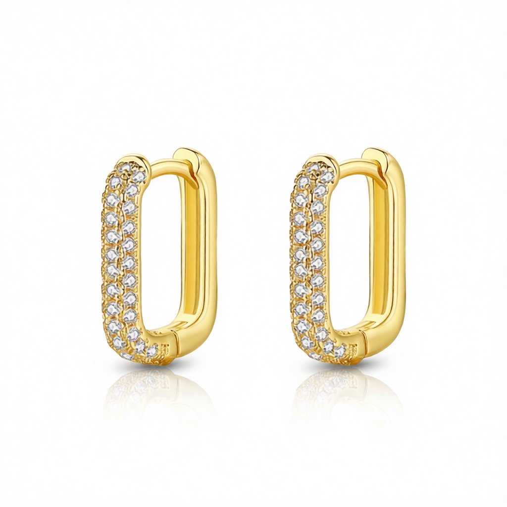 Cubic Zirconia and 18K Gold-Plated Square Huggie Earrings, gold huggie earrings, everyday style, side view