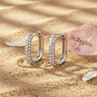 Cubic Zirconia and Silver-Plated Square Huggie Earrings, silver huggie earrings, botanical inspired, detail close-up