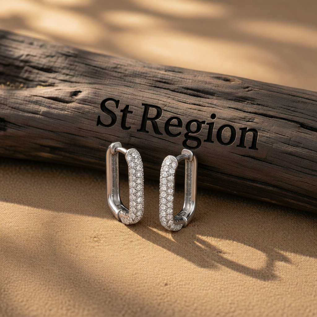 Cubic Zirconia and Silver-Plated Square Huggie Earrings, silver huggie earrings, botanical inspired, front view