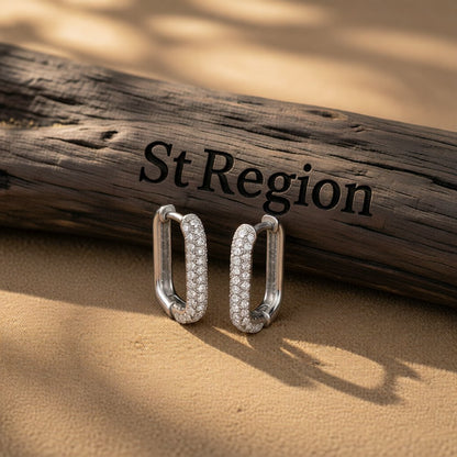 Cubic Zirconia and Silver-Plated Square Huggie Earrings, silver huggie earrings, botanical inspired, front view