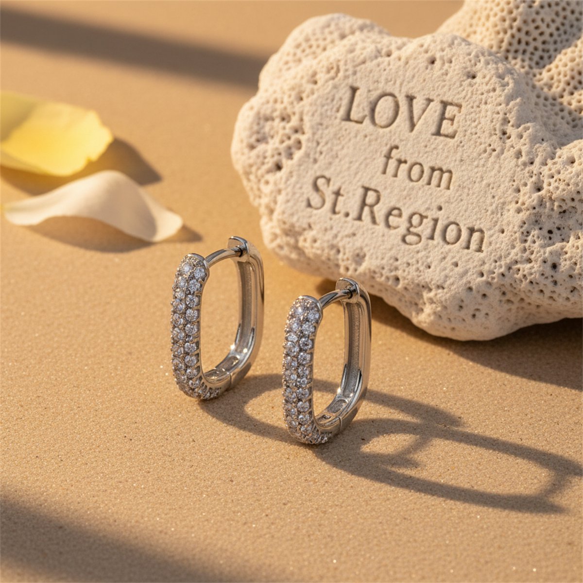 Cubic Zirconia and Silver-Plated Square Huggie Earrings, silver huggie earrings, botanical inspired, lifestyle look