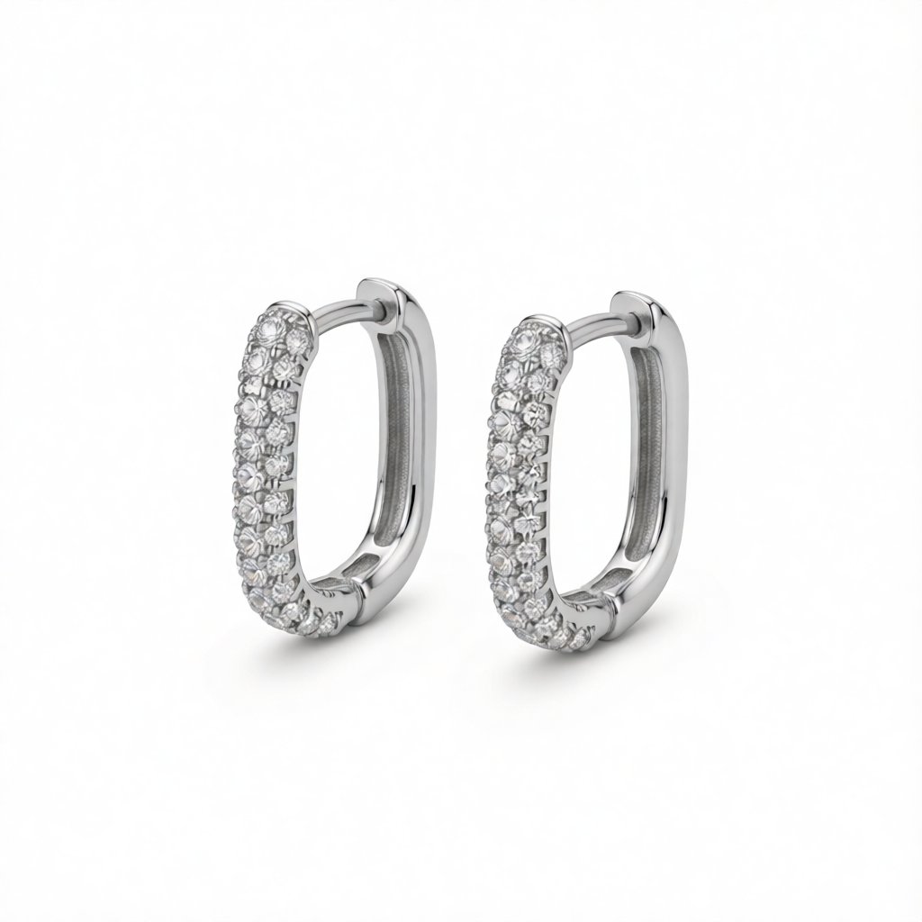 Cubic Zirconia and Silver-Plated Square Huggie Earrings, silver huggie earrings, botanical inspired, side view