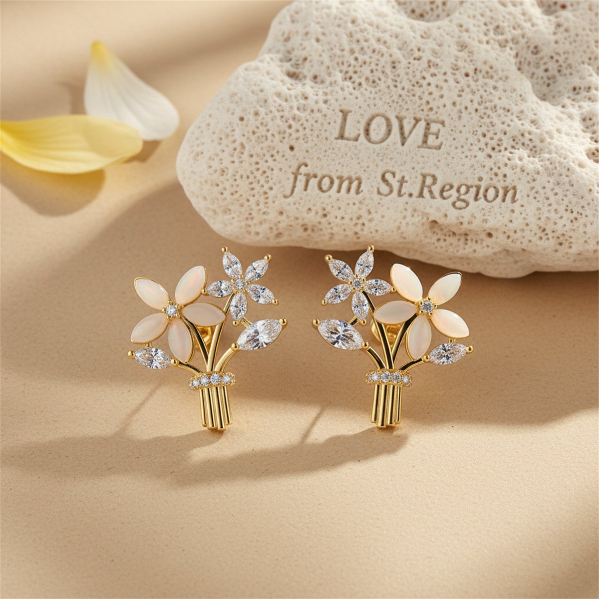 Cats Eye and Cubic Zirconia 18K Gold-Plated Flower Bouquet Stud Earrings, gold stud earrings for women, lifestyle look