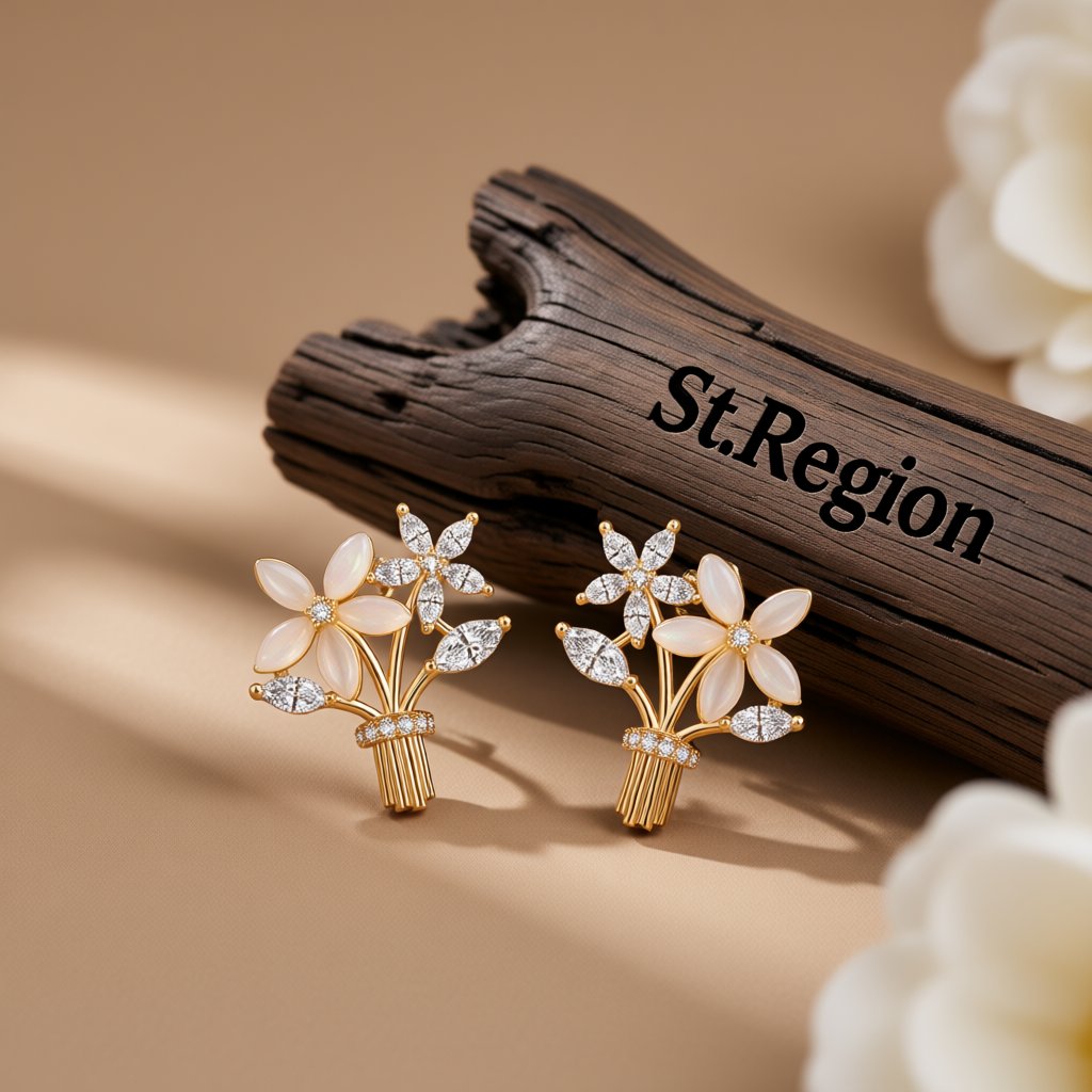 Cats Eye and Cubic Zirconia 18K Gold-Plated Flower Bouquet Stud Earrings, gold stud earrings for women, front view