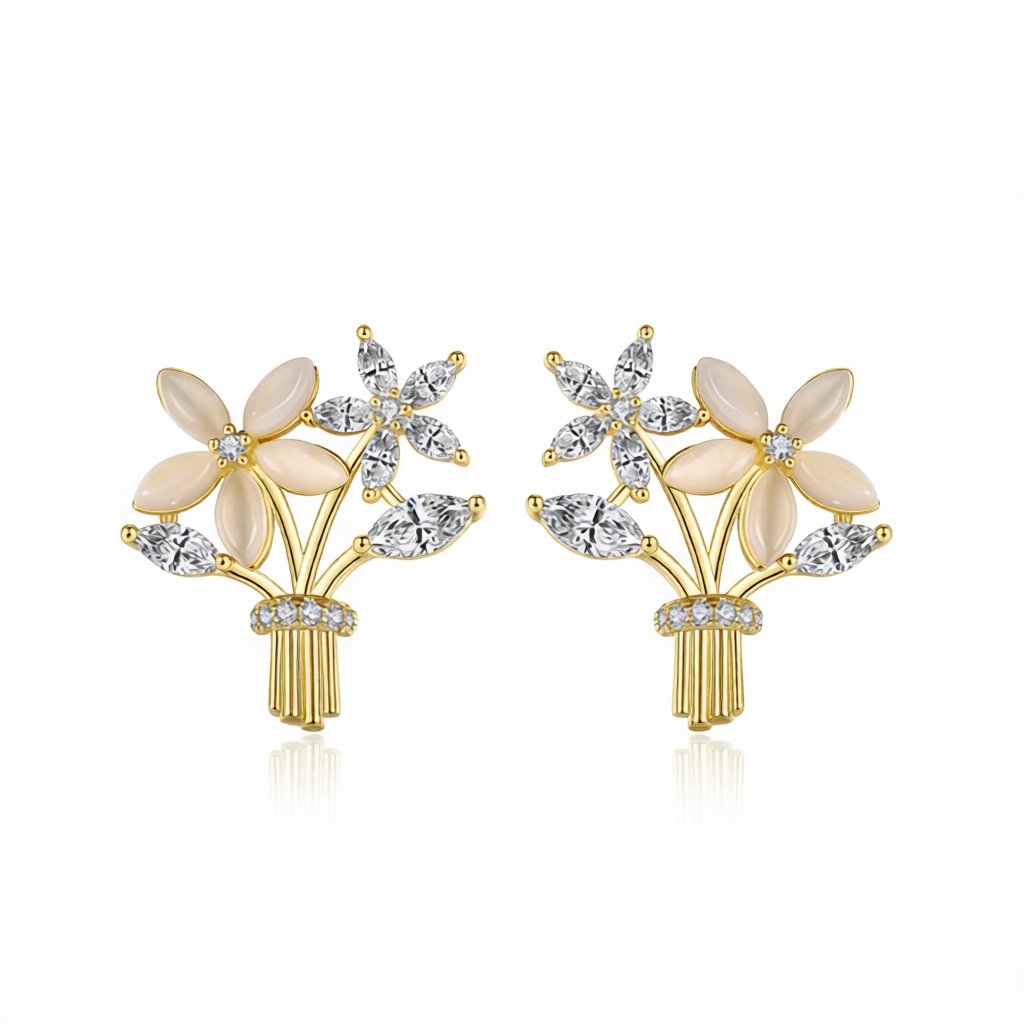 Cats Eye and Cubic Zirconia 18K Gold-Plated Flower Bouquet Stud Earrings, gold stud earrings for women, side view