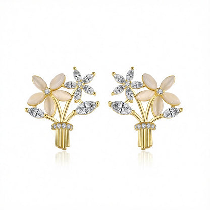 Cats Eye and Cubic Zirconia 18K Gold-Plated Flower Bouquet Stud Earrings, gold stud earrings for women, side view