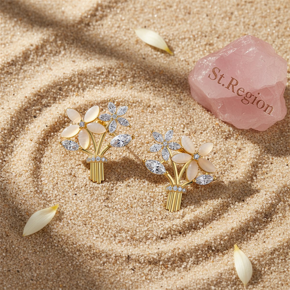 Cats Eye and Cubic Zirconia 18K Gold-Plated Flower Bouquet Stud Earrings, gold stud earrings for women, detail close-up