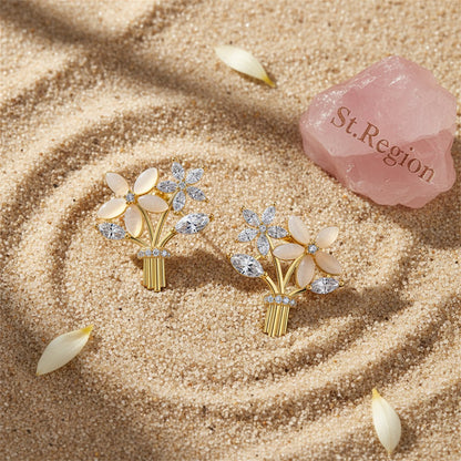 Cats Eye and Cubic Zirconia 18K Gold-Plated Flower Bouquet Stud Earrings, gold stud earrings for women, detail close-up