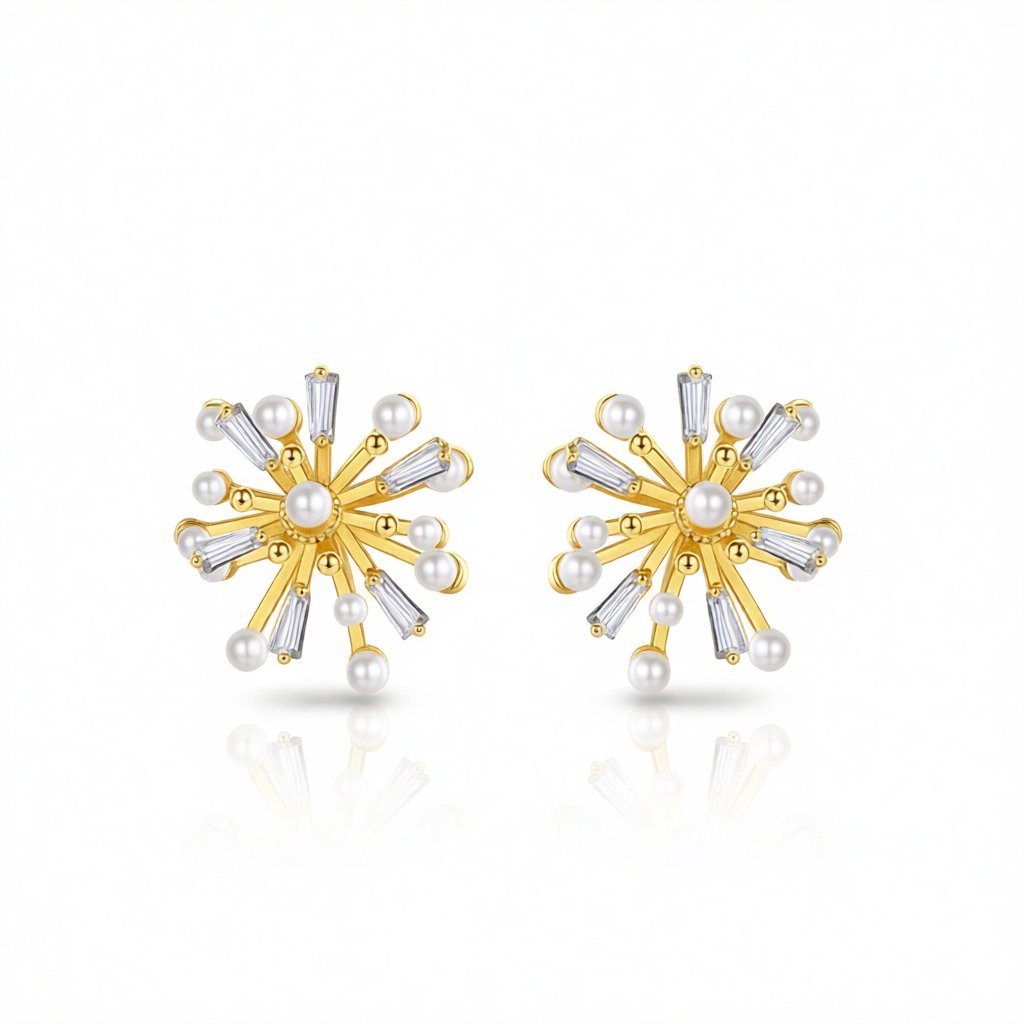 Crystal and Pearl 18K Gold-Plated Firework Stud Earrings, gold stud earrings for women, dainty minimalist design, side view