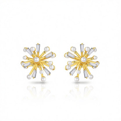 Crystal and Pearl 18K Gold-Plated Firework Stud Earrings, gold stud earrings for women, dainty minimalist design, side view