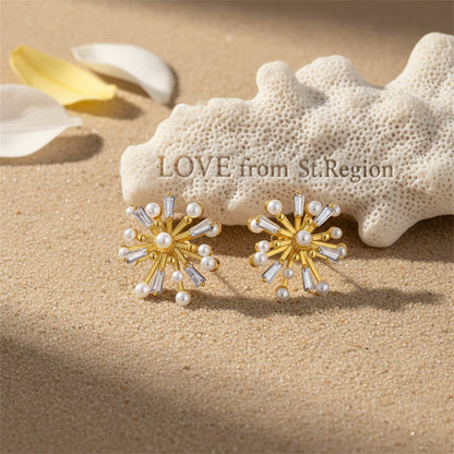 Crystal and Pearl 18K Gold-Plated Firework Stud Earrings, gold stud earrings for women, lifestyle look