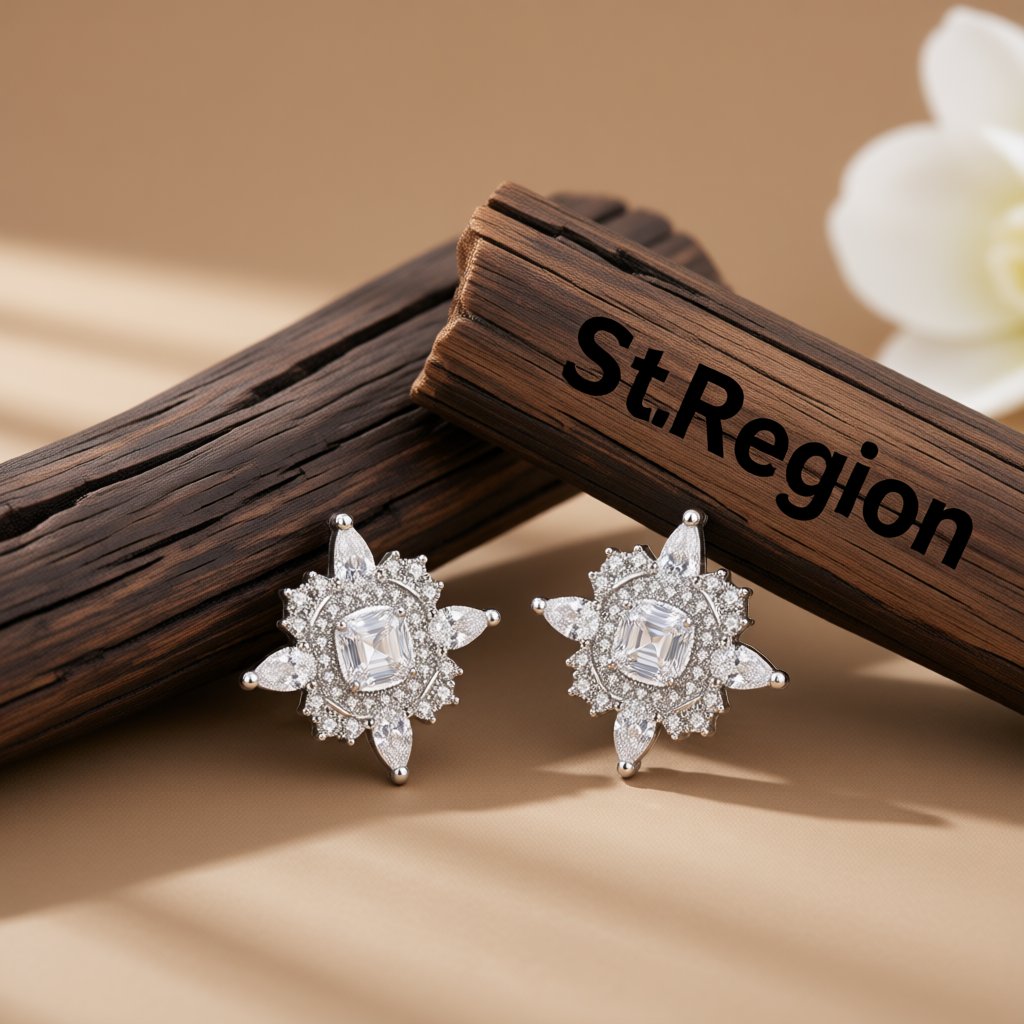 Crystal and Cubic Zirconia Silver-Plated Lotus Stud Earrings, silver stud earrings for women, everyday style, front view