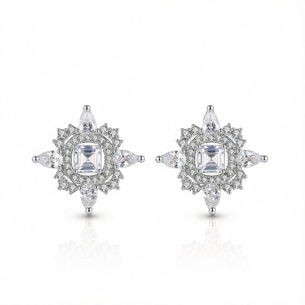 Crystal and Cubic Zirconia Silver-Plated Lotus Stud Earrings, silver stud earrings for women, everyday style, side view