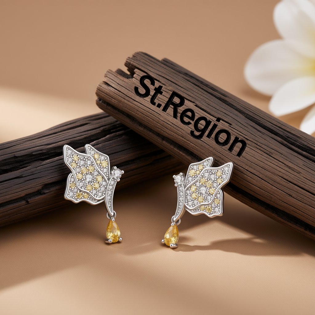 Yellow Crystal and Silver-Plated Butterfly Drop Earrings, silver drop earrings for women, everyday style, front view
