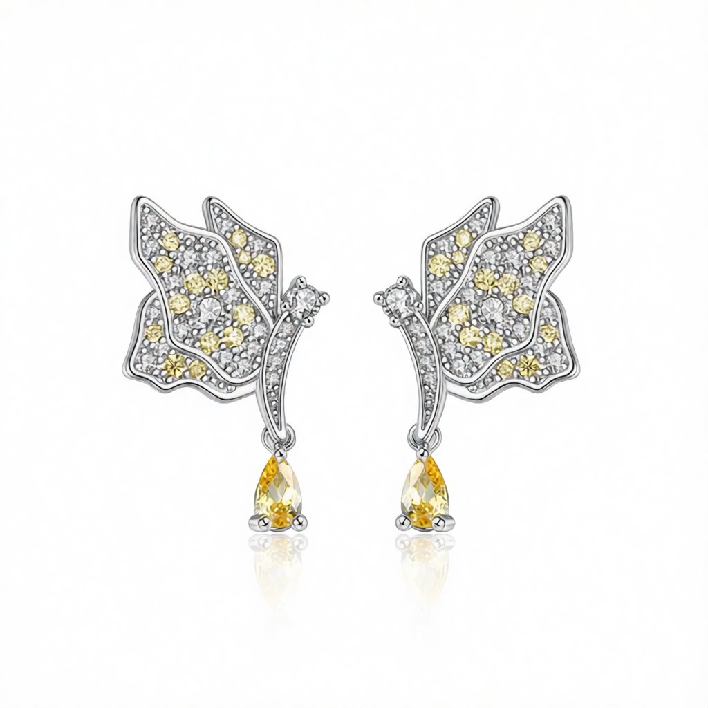 Yellow Crystal and Silver-Plated Butterfly Drop Earrings, silver drop earrings for women, everyday style, side view