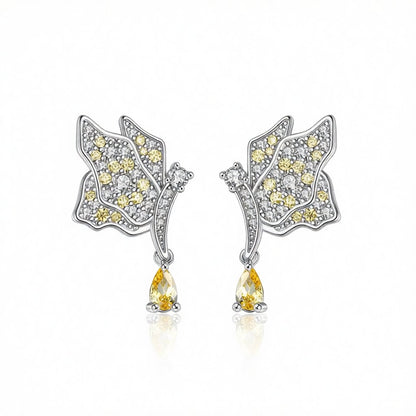 Yellow Crystal and Silver-Plated Butterfly Drop Earrings, silver drop earrings for women, everyday style, side view