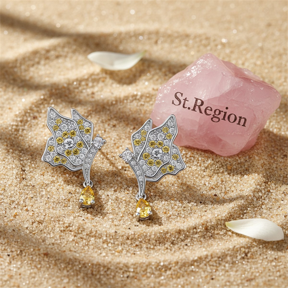 Yellow Crystal and Silver-Plated Butterfly Drop Earrings, silver drop earrings for women, everyday style, detail close-up