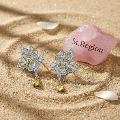 Yellow Crystal and Silver-Plated Butterfly Drop Earrings, silver drop earrings for women, everyday style, detail close-up