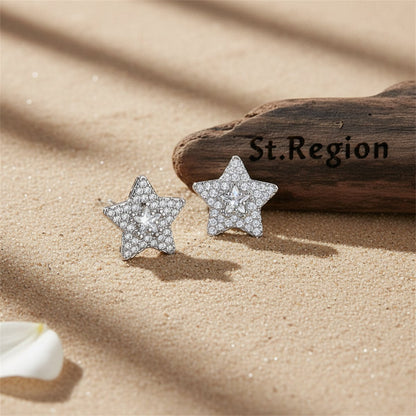 Crystal and Cubic Zirconia Silver-Plated Star Stud Earrings, silver stud earrings for women, elegant gift for her, front view