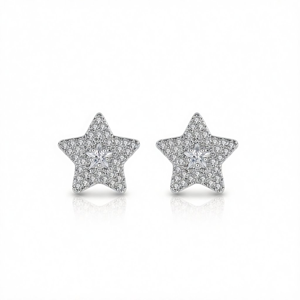 Crystal and Cubic Zirconia Silver-Plated Star Stud Earrings, silver stud earrings for women, elegant gift for her, side view