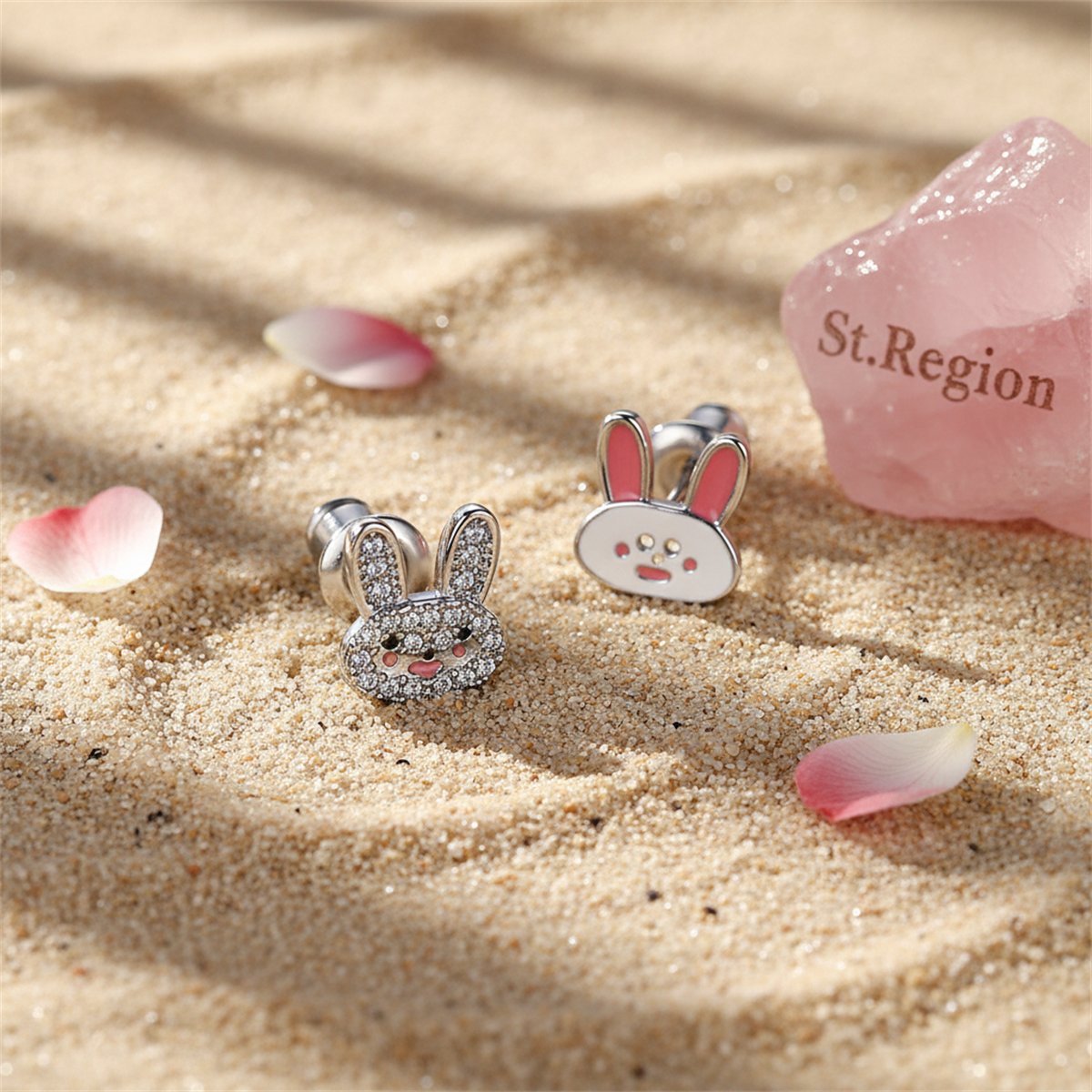 Cubic Zirconia and Silver-Plated Rabbit Stud Earrings, silver stud earrings for women, botanical inspired, detail close-up