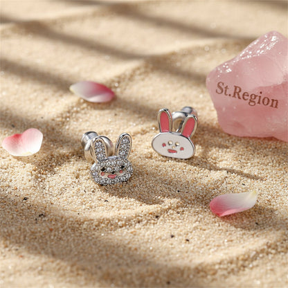 Cubic Zirconia and Silver-Plated Rabbit Stud Earrings, silver stud earrings for women, botanical inspired, detail close-up