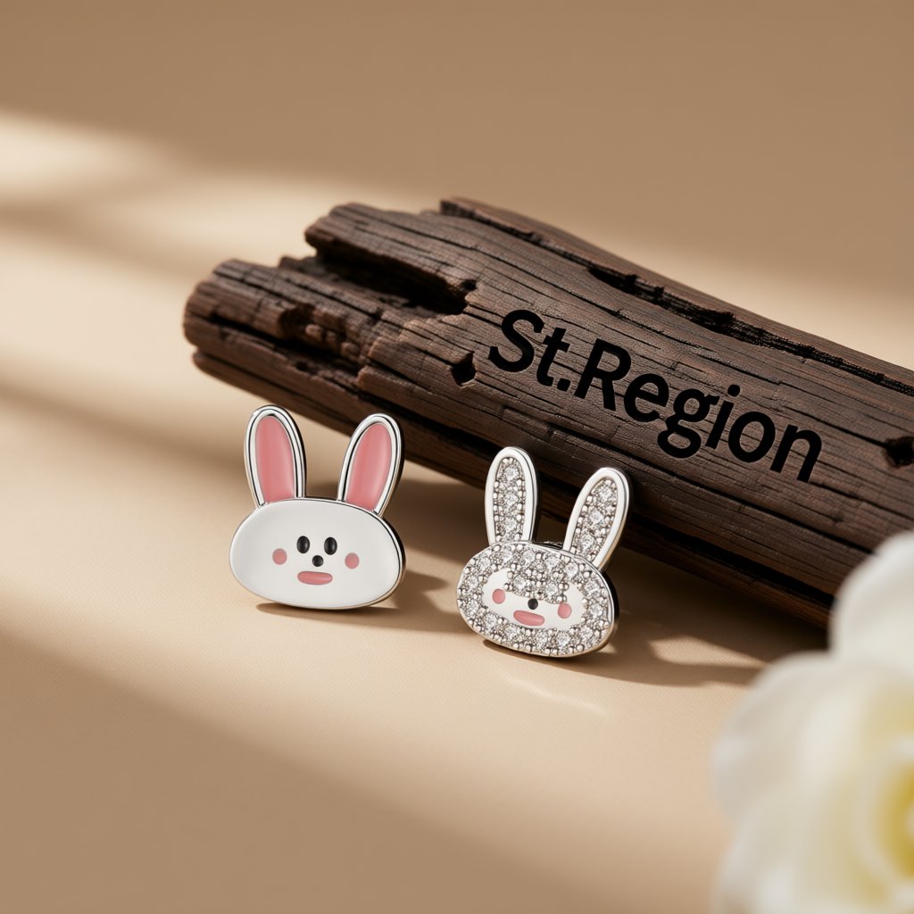 Cubic Zirconia and Silver-Plated Rabbit Stud Earrings, silver stud earrings for women, botanical inspired, front view