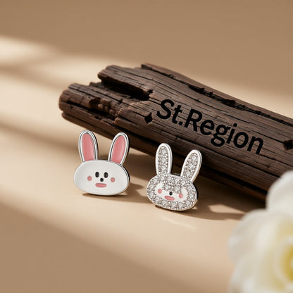 Cubic Zirconia and Silver-Plated Rabbit Stud Earrings, silver stud earrings for women, botanical inspired, front view