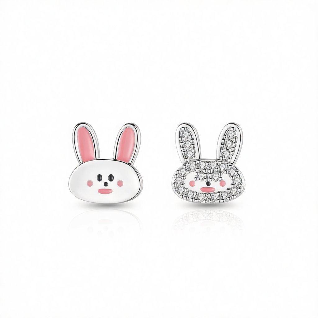 Cubic Zirconia and Silver-Plated Rabbit Stud Earrings, silver stud earrings for women, botanical inspired, side view