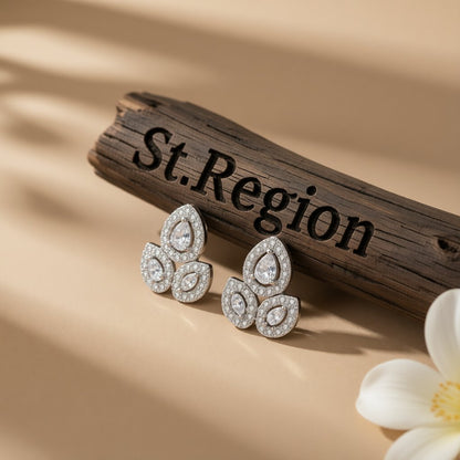 Crystal and Silver-Plated Halo Cluster Stud Earrings, silver stud earrings for women, dainty minimalist design, front view