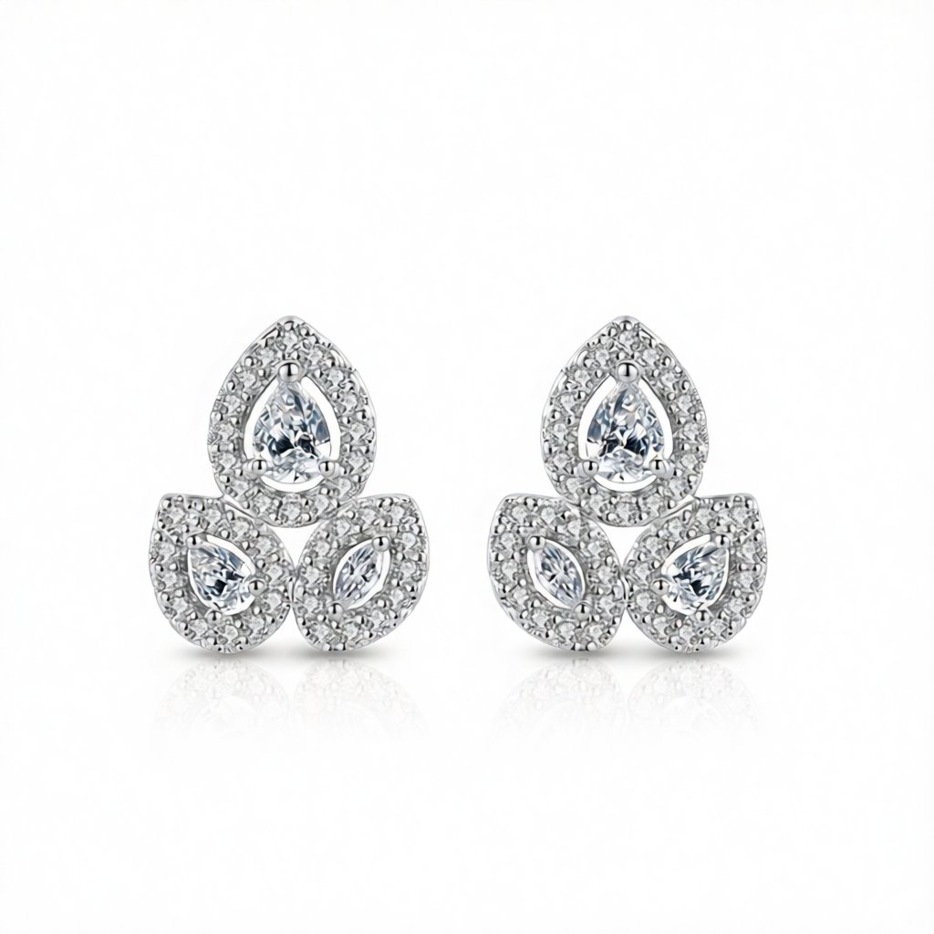 Crystal and Silver-Plated Halo Cluster Stud Earrings, silver stud earrings for women, dainty minimalist design, side view