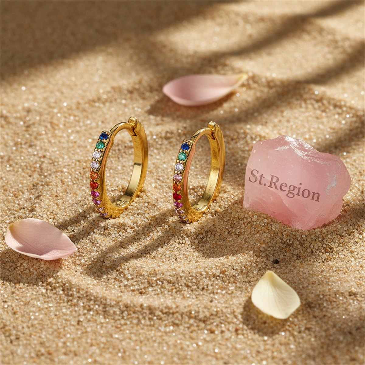 Cubic Zirconia and 18K Gold-Plated Multicolor Huggie Earrings, gold huggie earrings, elegant gift for her, detail close-up