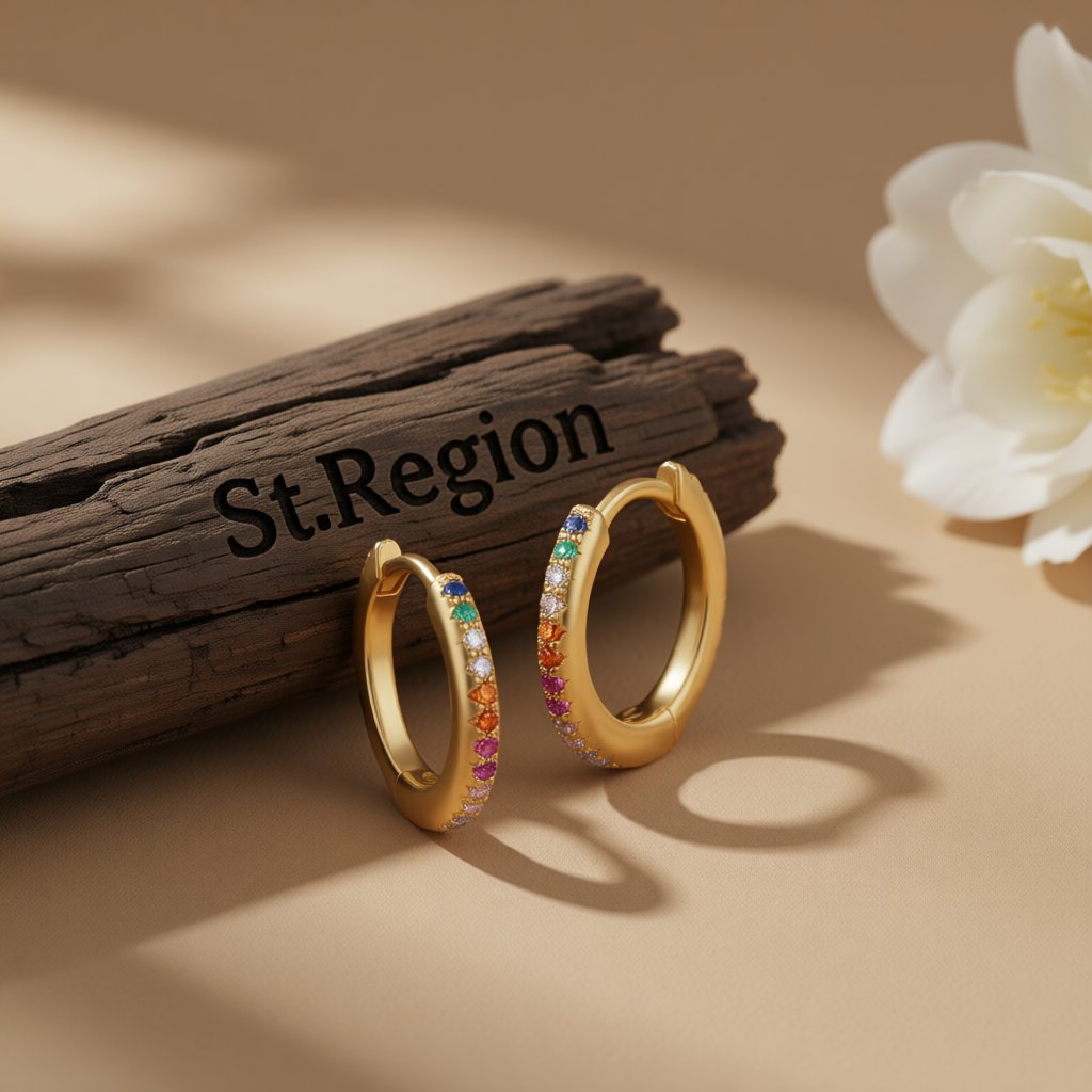 Cubic Zirconia and 18K Gold-Plated Multicolor Huggie Earrings, gold huggie earrings, elegant gift for her, front view
