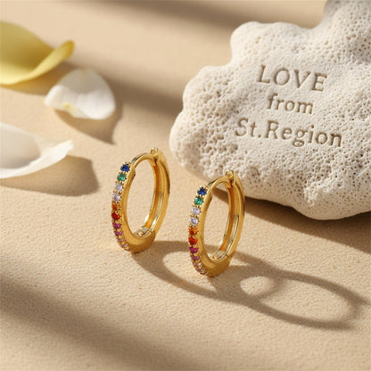 Cubic Zirconia and 18K Gold-Plated Multicolor Huggie Earrings, gold huggie earrings, elegant gift for her, lifestyle look