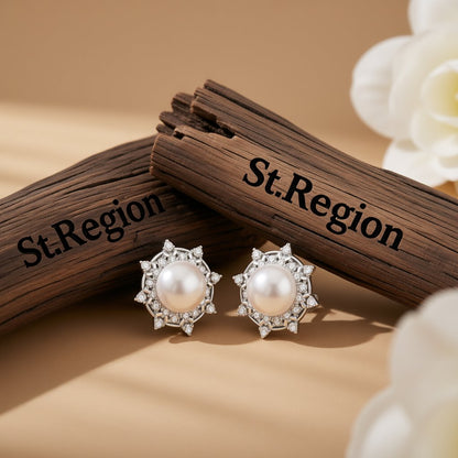 Cubic Zirconia and Pearl Silver-Plated Round Stud Earrings, silver stud earrings for women, front view