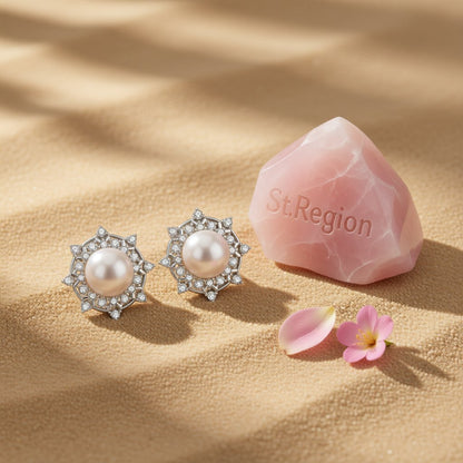 Cubic Zirconia and Pearl Silver-Plated Round Stud Earrings, silver stud earrings for women, detail close-up