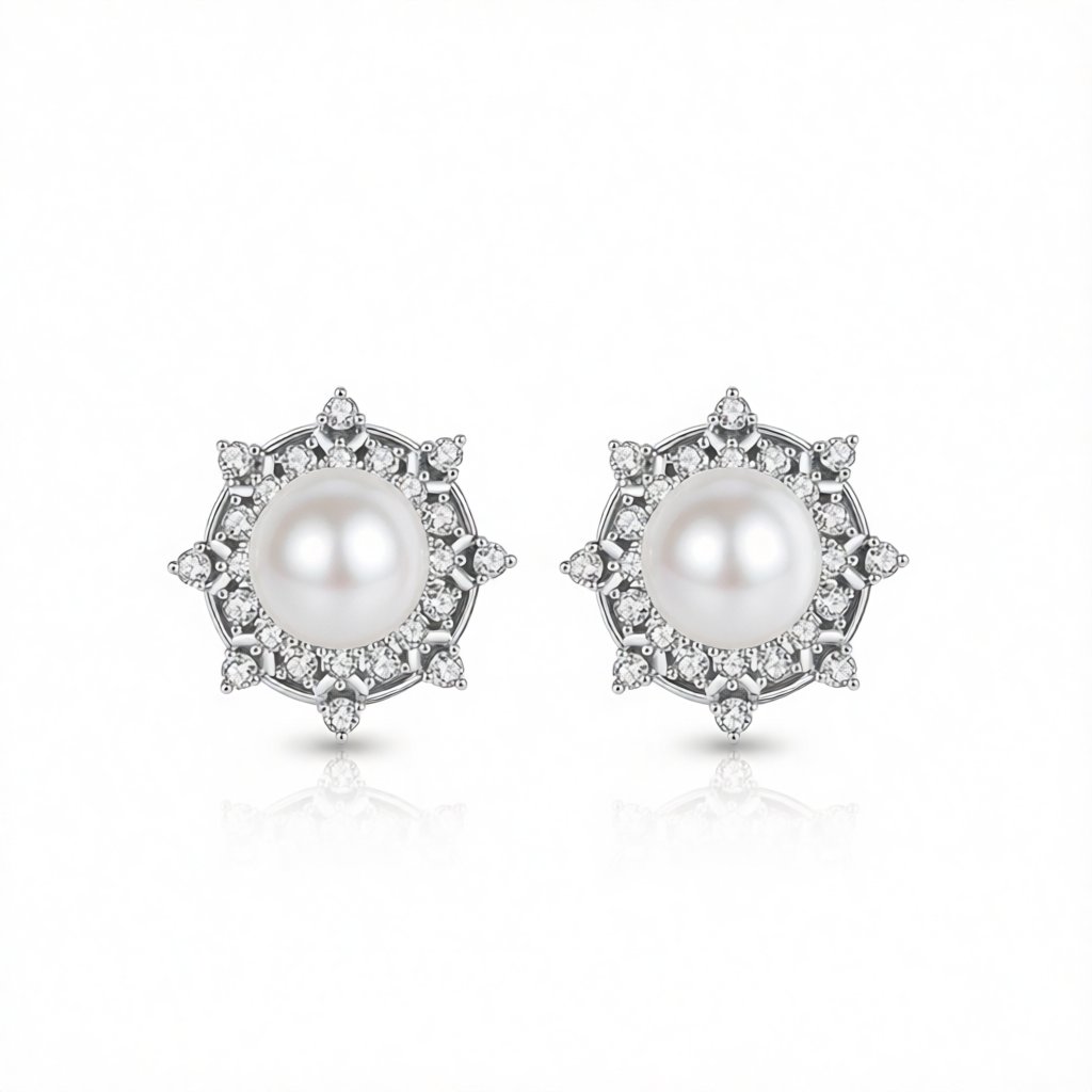 Cubic Zirconia and Pearl Silver-Plated Round Stud Earrings, silver stud earrings for women, side view