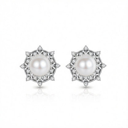 Cubic Zirconia and Pearl Silver-Plated Round Stud Earrings, silver stud earrings for women, side view