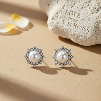 Cubic Zirconia and Pearl Silver-Plated Round Stud Earrings, silver stud earrings for women, lifestyle look