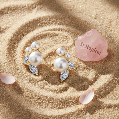 Pearl and Crystal 18K Gold-Plated Marquise-Cut Stud Earring, cubic zirconia stud earrings for women, detail close-up