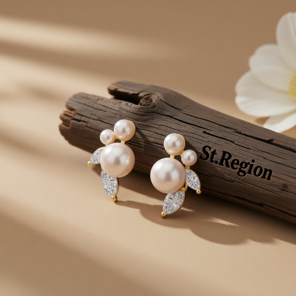Pearl and Crystal 18K Gold-Plated Marquise-Cut Stud Earring, cubic zirconia stud earrings for women, front view