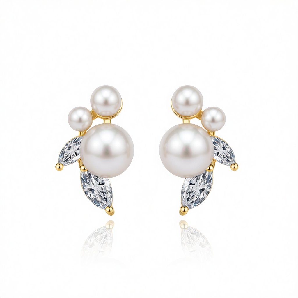 Pearl and Crystal 18K Gold-Plated Marquise-Cut Stud Earring, cubic zirconia stud earrings for women, side view