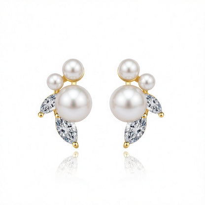 Pearl and Crystal 18K Gold-Plated Marquise-Cut Stud Earring, cubic zirconia stud earrings for women, side view