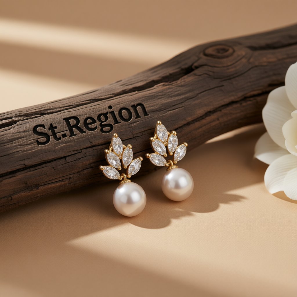 Pearl and Crystal 18K Gold-Plated Leaf Drop Earrings, gold drop earrings for women, vintage-inspired design, front view