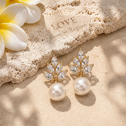 Pearl and Crystal 18K Gold-Plated Leaf Drop Earrings, gold drop earrings for women, vintage-inspired design, lifestyle look
