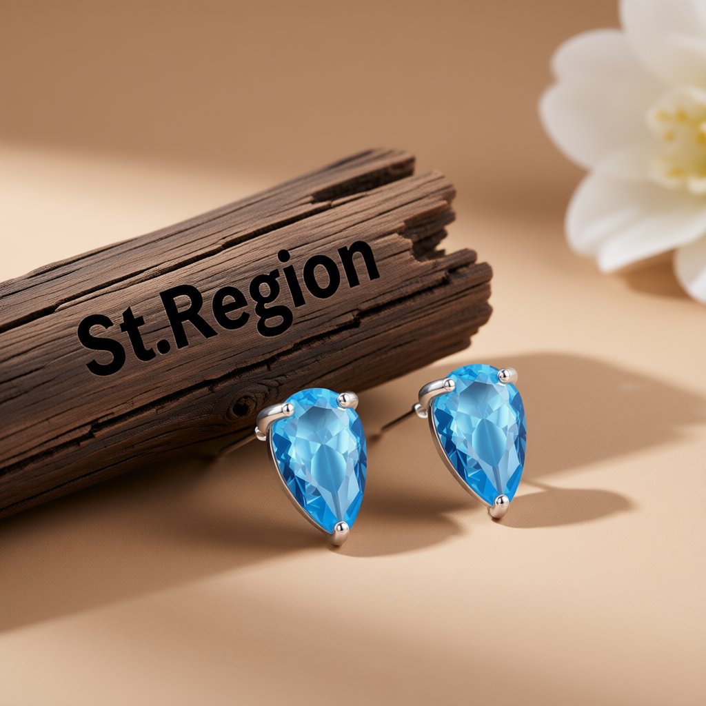 Blue Crystal and Silver-Plated Pear-Cut Stud Earrings, silver stud earrings for women, vintage-inspired design, front view