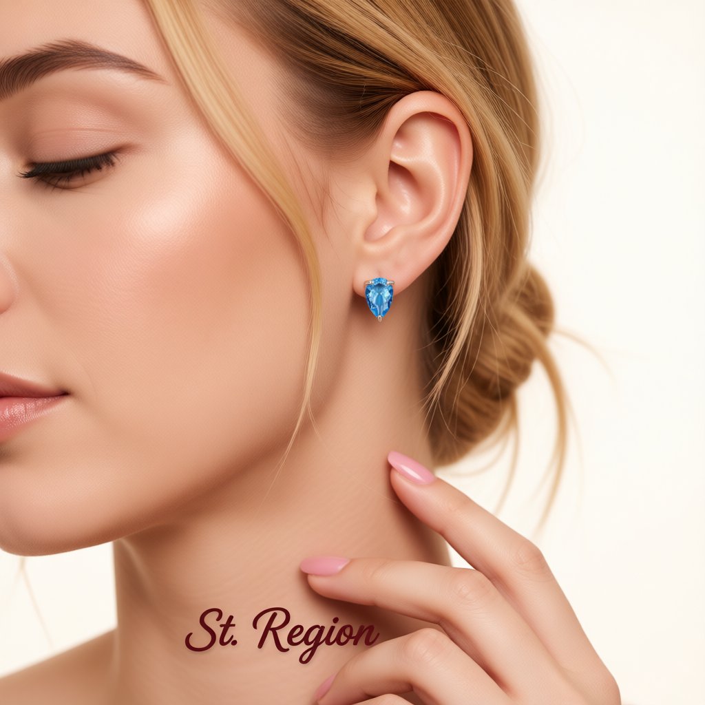 Blue Crystal and Silver-Plated Pear-Cut Stud Earrings, silver stud earrings for women, vintage-inspired design, styled look